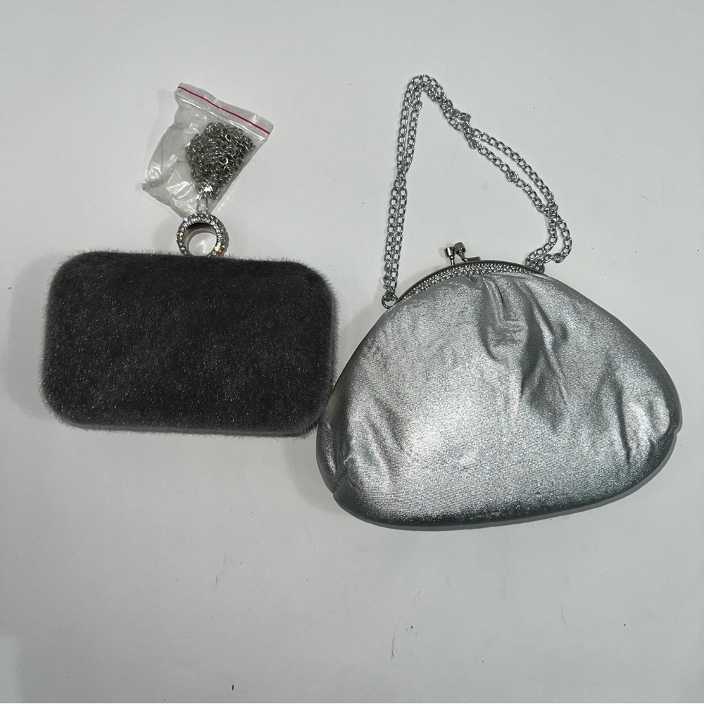Silver Metallic Evening Clutch with Chain Strap & Faux Hair Bling Closure Bag